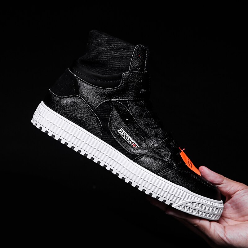 Aizhetu heren high-top canvas schoenen heren zomer lente herfst top sneakers hoge stijl effen kleuren heren witte schoenen: Zwart / 9.5