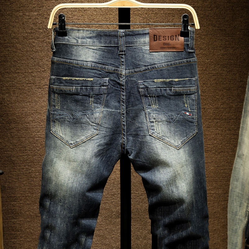 Heren Donkerblauwe Jeans Broek Denim Slim Fit Elastische Casual Punk Jeans Mannen High Street Vintage Gekrast Mode Zakken