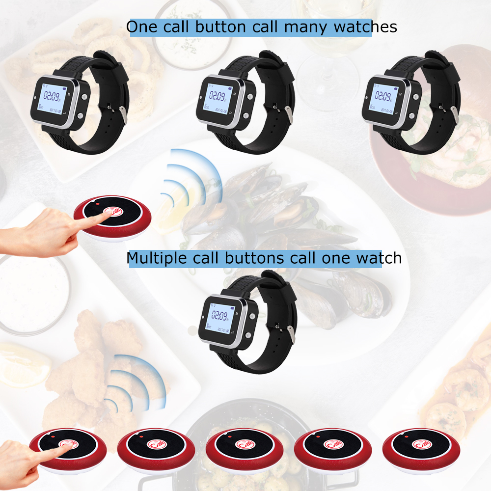 Fast 5 Call Button 1 Wrist Watch Pager Restaurant Wireless Calling System Transmitter Paging Cafe Waiter Service Buzzer