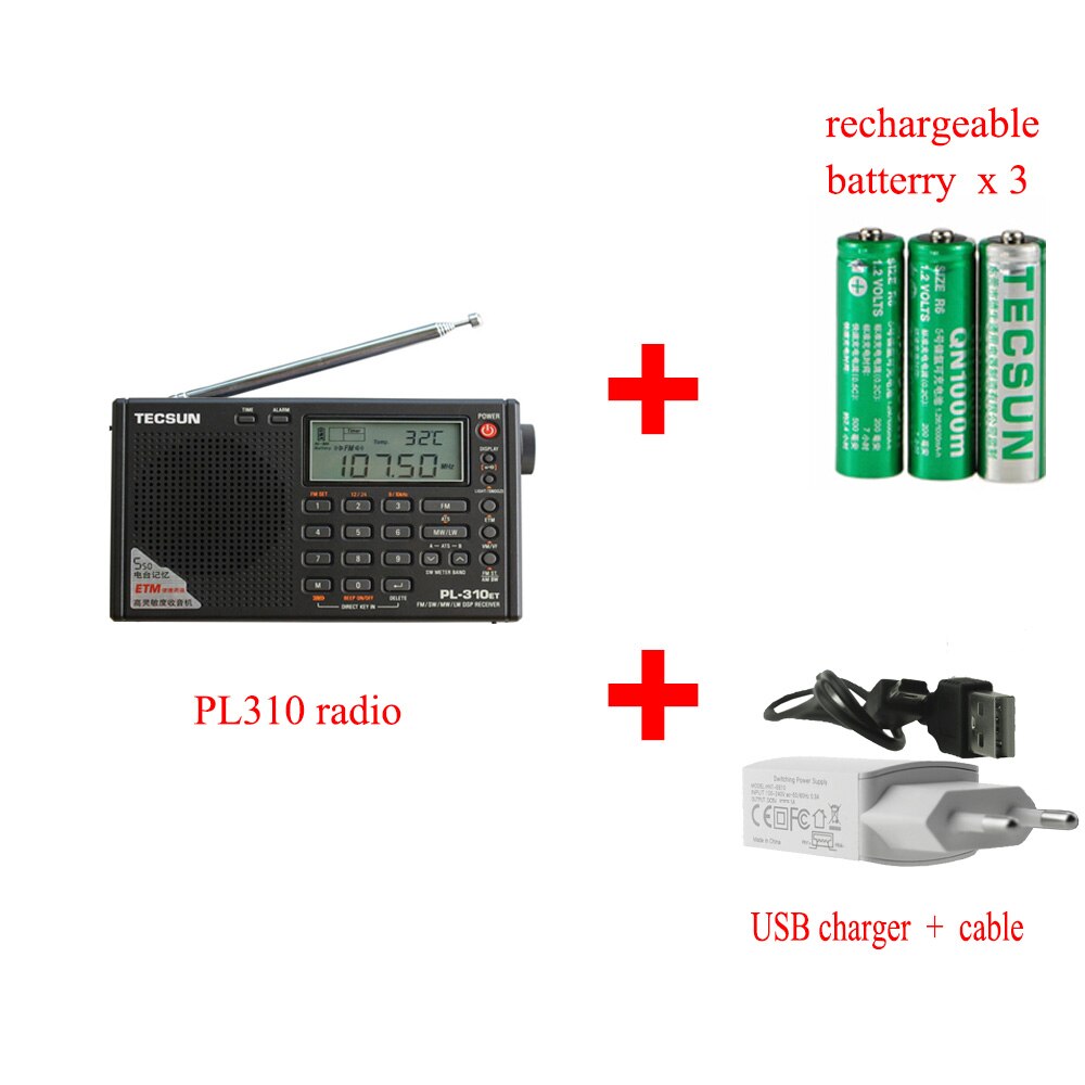 Tecsun PL-310ET Full Radio Digital Demodulator FM/AM/SW/LW Stereo Radio Portable Radio For English Russian User: Black- USB-Battery-3