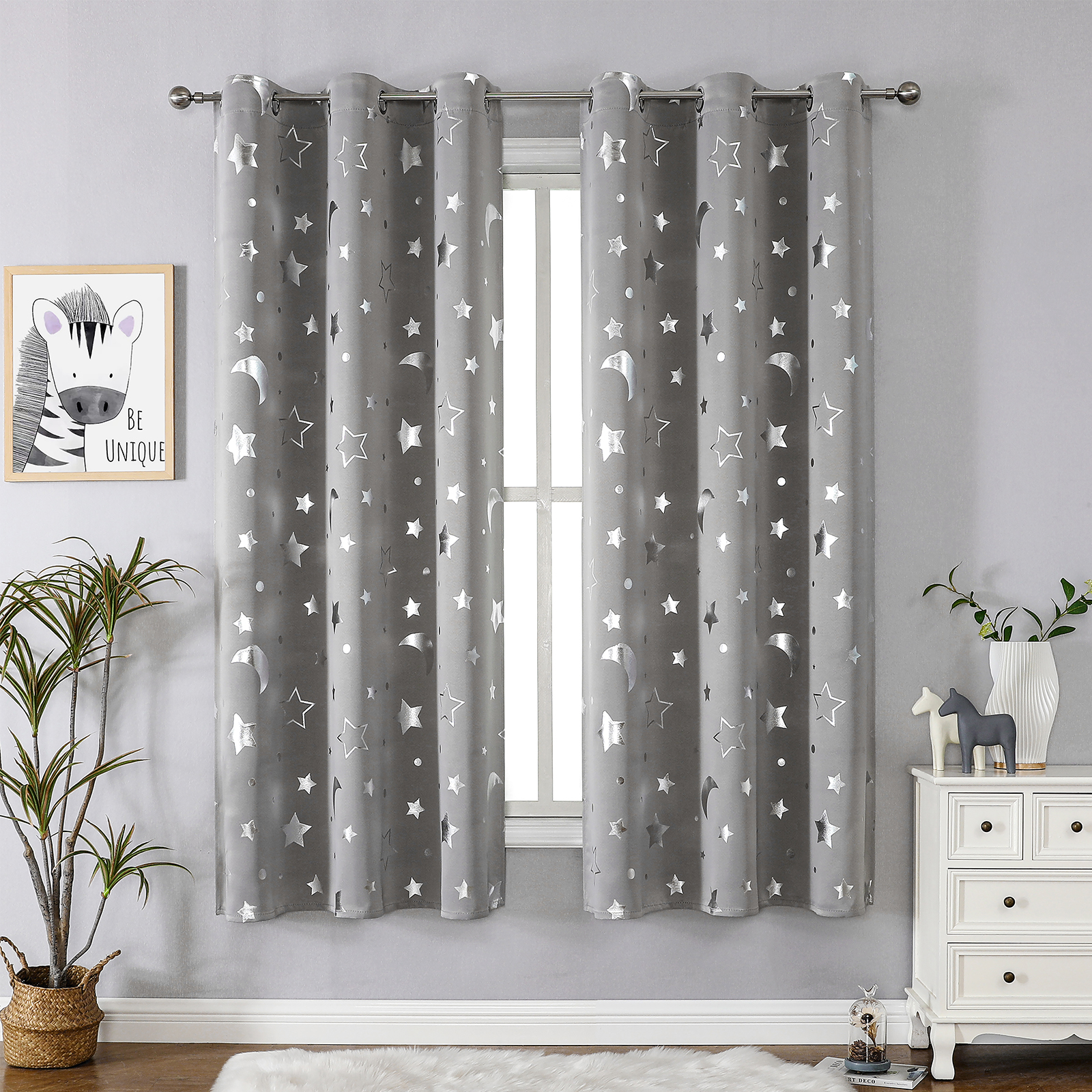 Cortinas oscurecedoras para habitación con estrella plateada y Luna para niños, dormitorio de guardería, cortina opaca para niños, cortinas aislantes térmicas con ojales: 1 x 1,2 / Verde