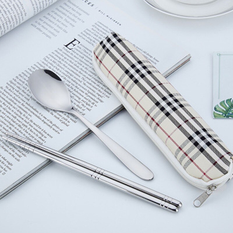 Tableware Reusable Travel Cutlery Set Camp Utensils Set with stainless steel Spoon Fork Chopsticks Straw Portable case: Scottish
