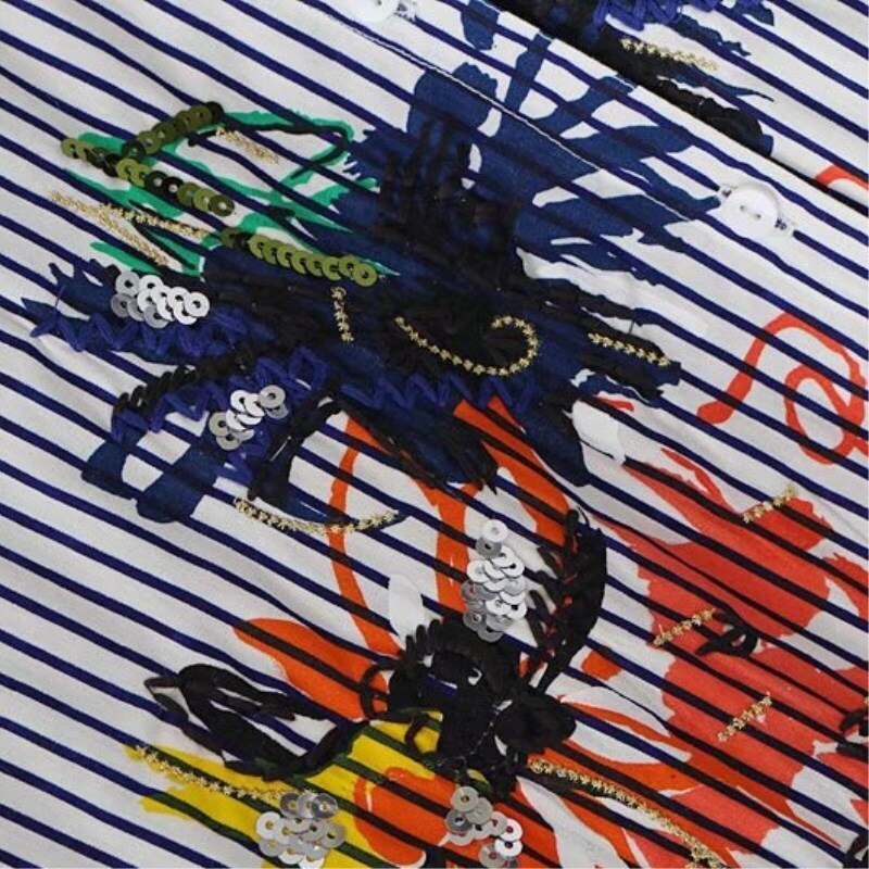 Mujeres bordado de lentejuelas estampado a rayas Sparkles Blusa Camisa de algodón de manga larga Ropa de Trabajo Oficina señoras Top Camisa Blusa Mujer