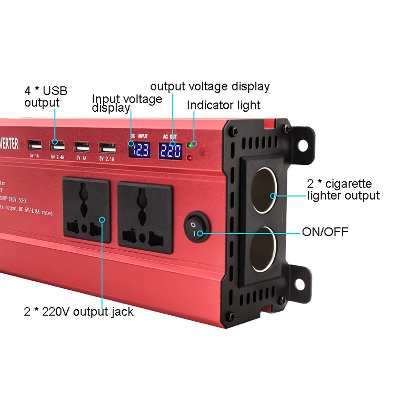 1200W 12/24V To 220V Solar Power Inverter Intelligent LCD Dual Digital Display 4USB Interface Modified Sine Wave Power Inverter