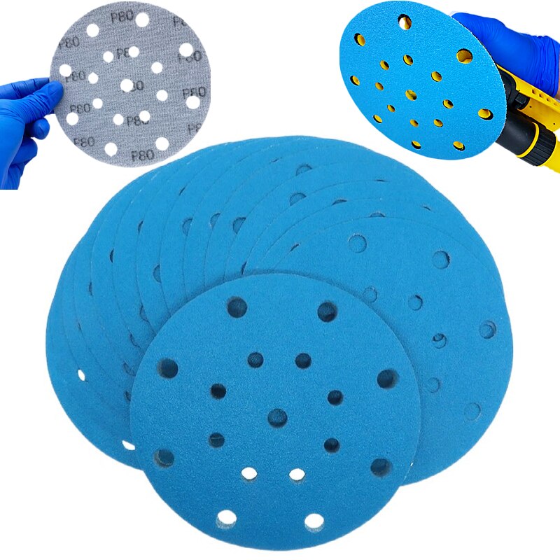 6 inch 17hole Dry Sandpaper Zirconium Corundum Film Blue Sand Sheets Hook and Loop Sanding Disc 40#-600# For car metal Plioshing