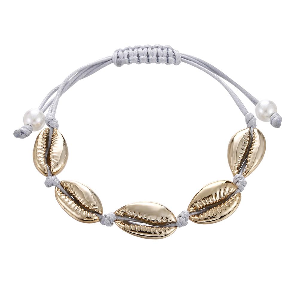 Natural Seashell Hand knit Rope Chain Bracelet Charm Bohemia Jewery Shell Bracelets Women Conch Beaded Strand Bracelets: Pure Gold Color