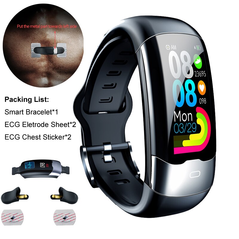 AVATTO ECG PPG HRV Smart Bracelet IP68 Waterproof Blood Pressure Oxygen Heart Rate Monitor Sport Tracker Men Women Wrist Band: Black Electrod Sheet