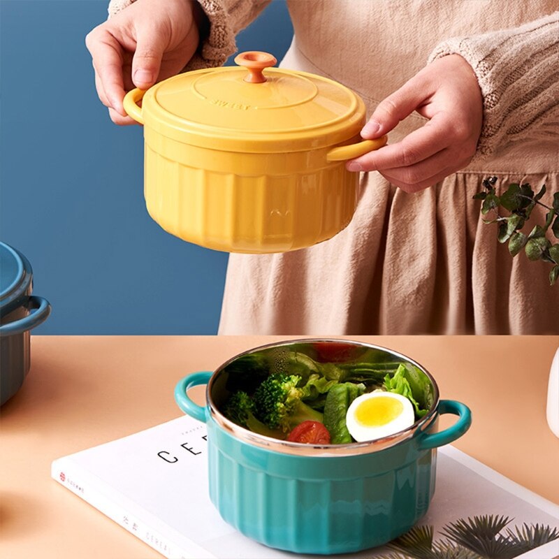 Handheld Bowl Anti-scald Noodle Soup Rice Ramen Bowl w 2 Handle Japanese Style Kitchen Tableware Blue/Cyan/Orange/Yellow