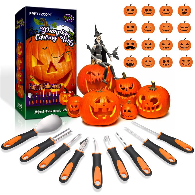Pretyzoom 9Pcs Halloween Pompoen Carving Kit Pompoen Lantaarn Carving Gereedschap Roestvrij Staal Jack O' Lantaarn Pompoen Snijgereedschap