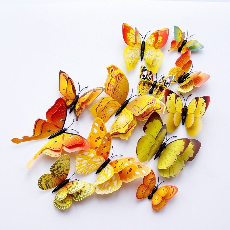 3D Vlinder Magneet Muur Sticker 12 Stuks Multicolor Dubbele Laag Vleugels Creatieve Butterflie Woondecoratie Accessoires 3D Stickers: Yellow