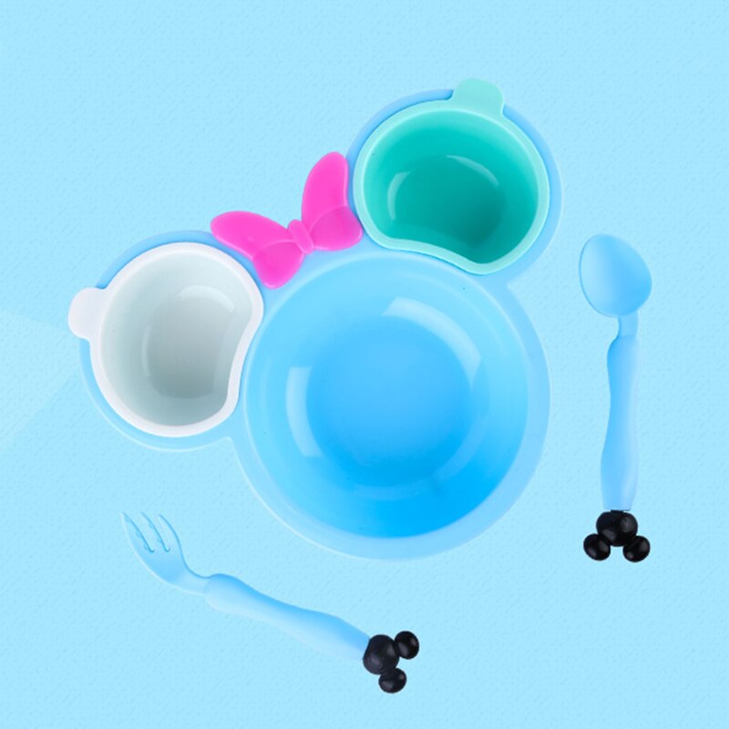5pcs/set Baby Cartoon Eating Food Tableware Kids Dinner Plate Toddler Feeding Dishes Anti Children Training Bowl Spoon Fork: Blue Set