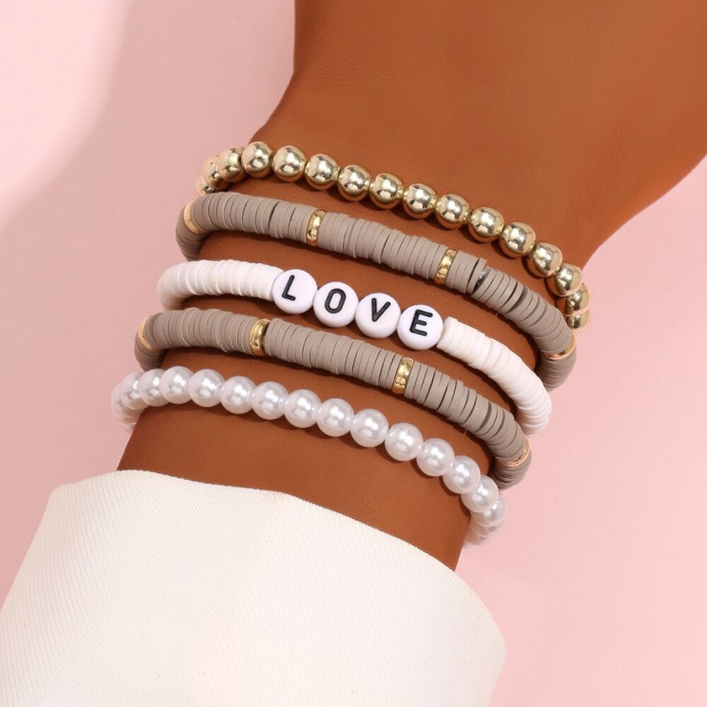 Conjunto de pulseras apilables de arcoíris para mujer, dije de corazón, arcilla suave, cuentas de capas de cerámica, brazalete de cadena, joyería Bohemia femenina: Color dorado