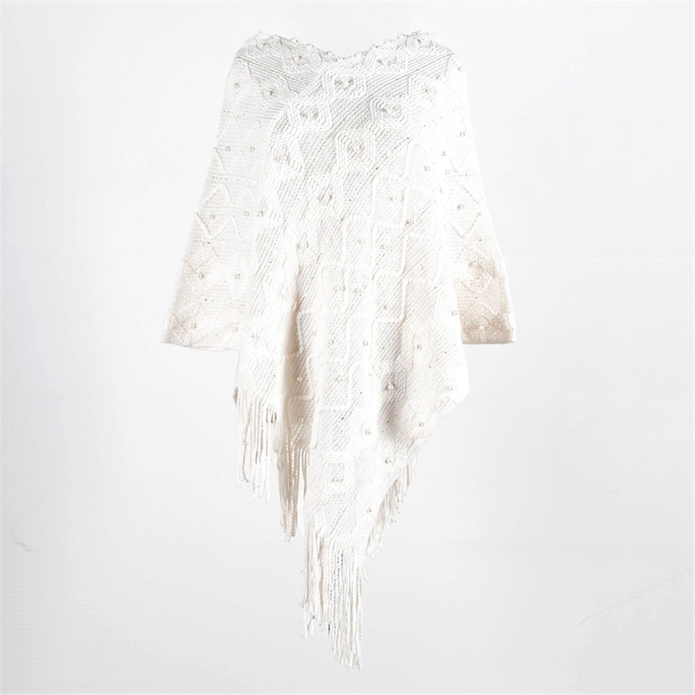 Chal blanco, prendas de vestir exteriores, suéter de punto con borla, capa holgada informal para mujeres, suéter, chal, Poncho de primavera Otoño, capa Irregular con dobladillo: Beige