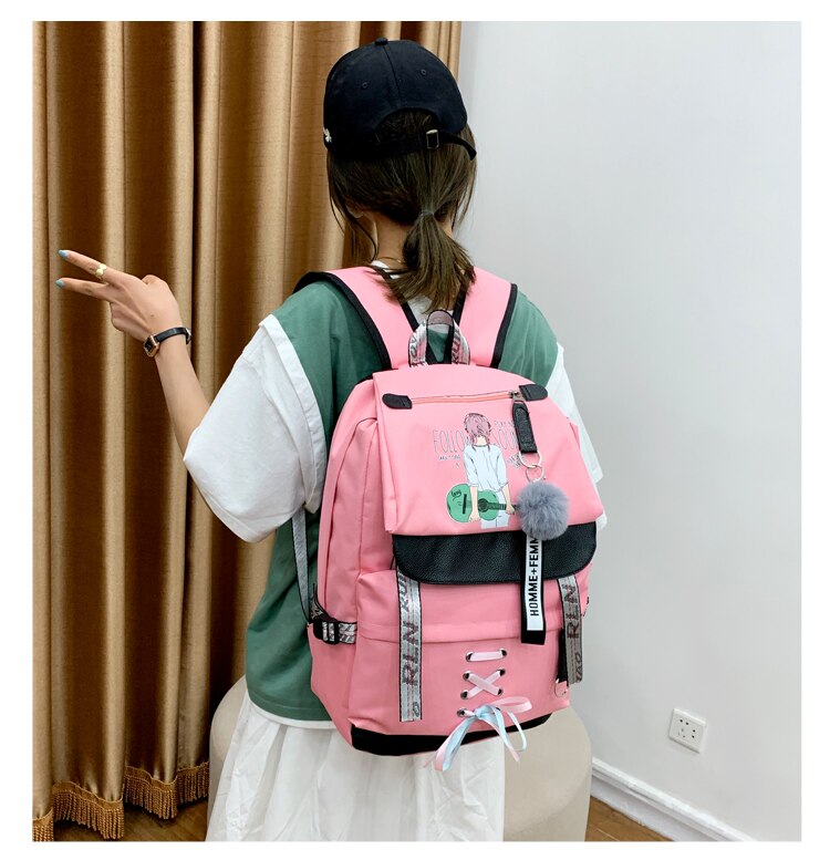 Grand vert sacs à dos femmes école sac à dos pour adolescentes USB sac d'école toile moyen Junior collège étudiant sac à dos