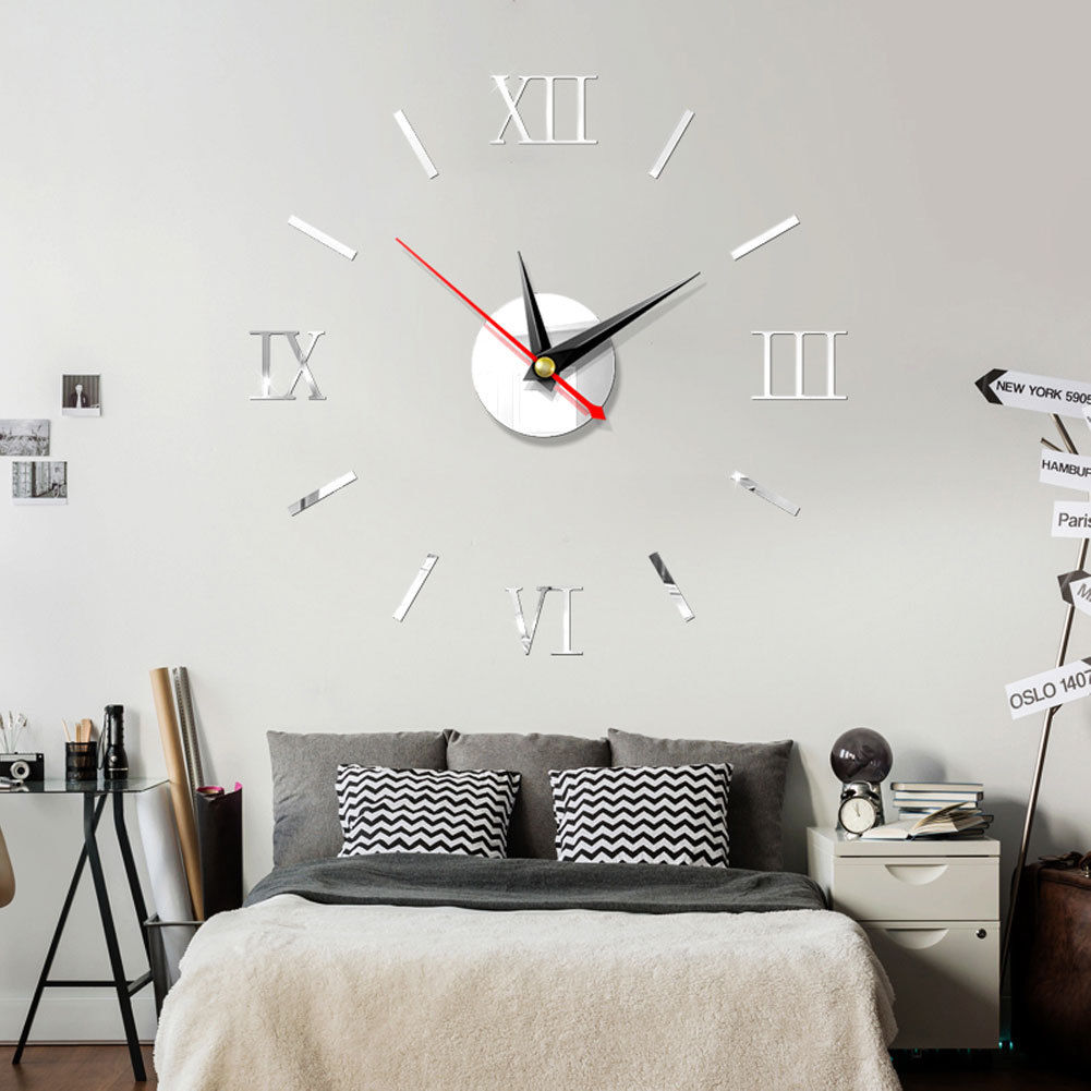 3D DIY Mirror Wall Clock – Large Round Acrylic Sticker Clock With Roman Numerals (Black/Gold/Silver)