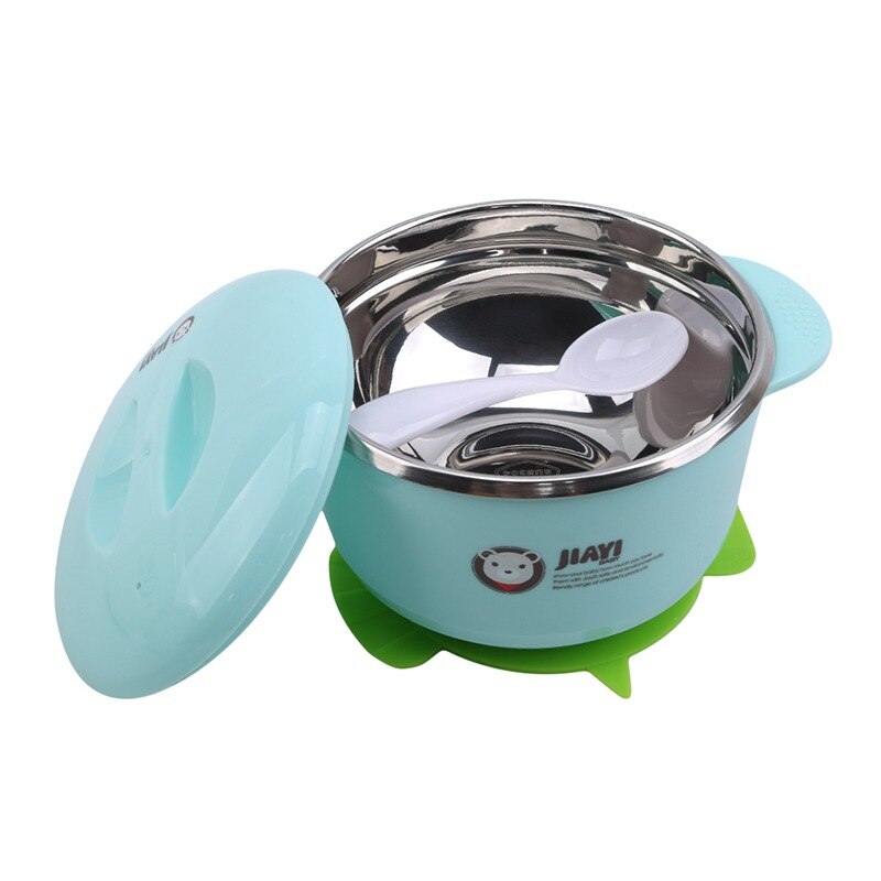 Baby termobolle i rustfritt stål småbarnsservise servise sugeskål med skje barnesikkerhet middag matskåler tallerkener: Blå