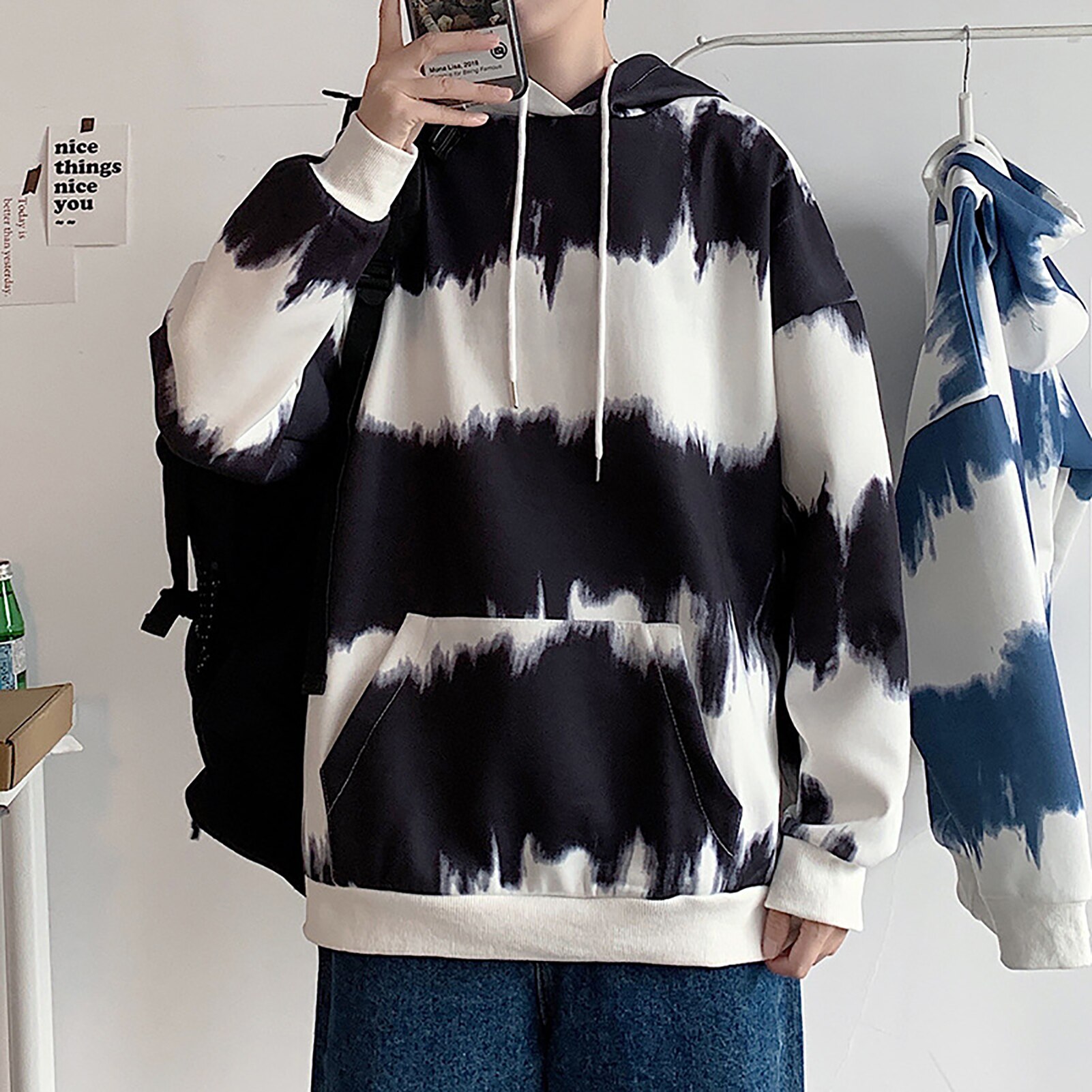 Men Women Long Sleeve Oversized Hoodie Tie Dye Gradient Color Pocket Sweatshirt