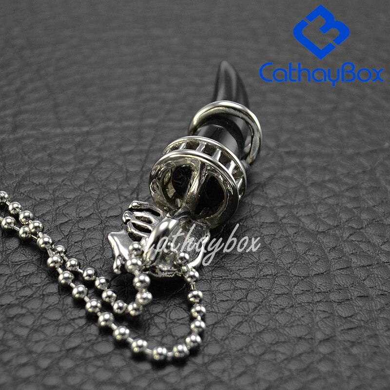 Black Enamel Stainless Steel Wolf Tooth Horn Charm Pendant Necklace W/SSChain 60cm