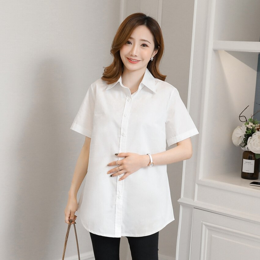 Camisa de manga corta de maternidad para mujer, ropa de maternidad salvaje, talla grande, , primavera y verano,: Blanco / M