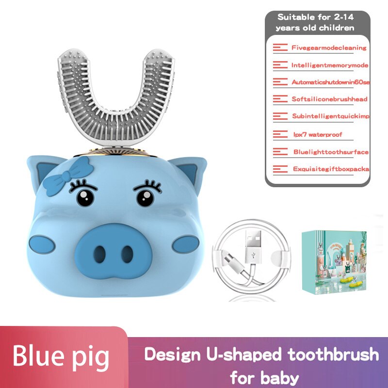 Intelligente 360-Graden Elektrische U-Vormige Tandenborstels Voor Kinderen Bevatten Automatische Ultrasone Tanden Ceaning En Whitening Auto: Blue pig