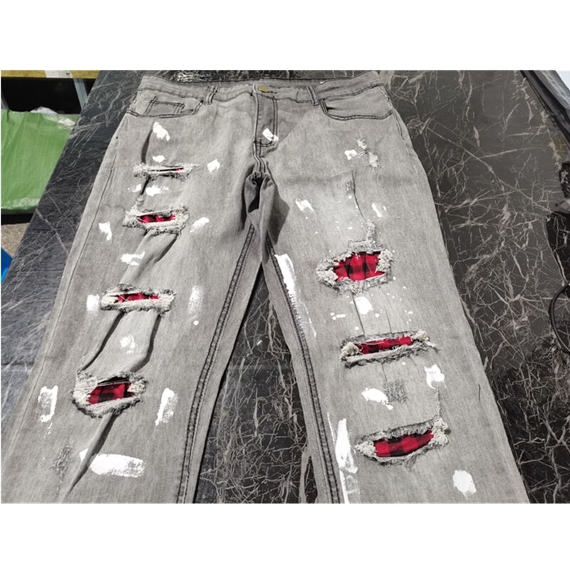 Vaqueros rasgados ajustados para hombre, pantalones pitillo ajustados con estampado de letras, ropa de calle, disfraz de tela vaquera con fecha de ,