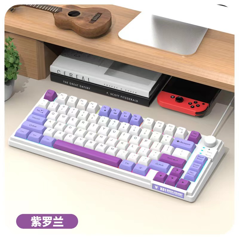 Tastatur K81 Spielen-Tastatur 81 Tasten 80 % Layout Spanisch Russisch Koreanisch Arabisch Tastatur USB-Kabel RGB-Licht Lautstärkeregler Ergonomie: Lila / Gelb Schalter