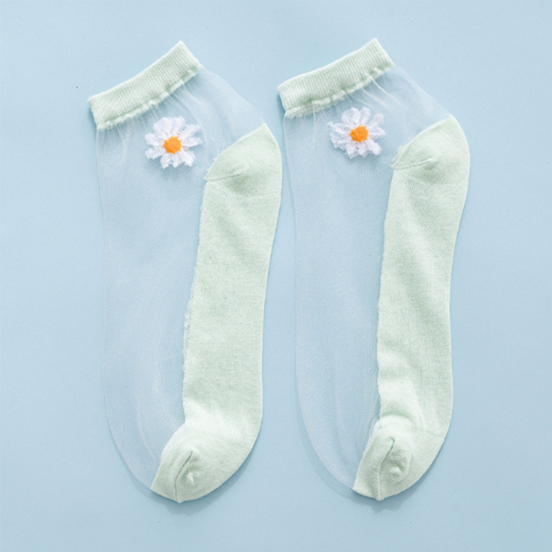 Women Summer Ultrathin Ankle Socks Transparent Daisy Embroidery Lace Silk Elastic Socks Cute Girls Short Socks