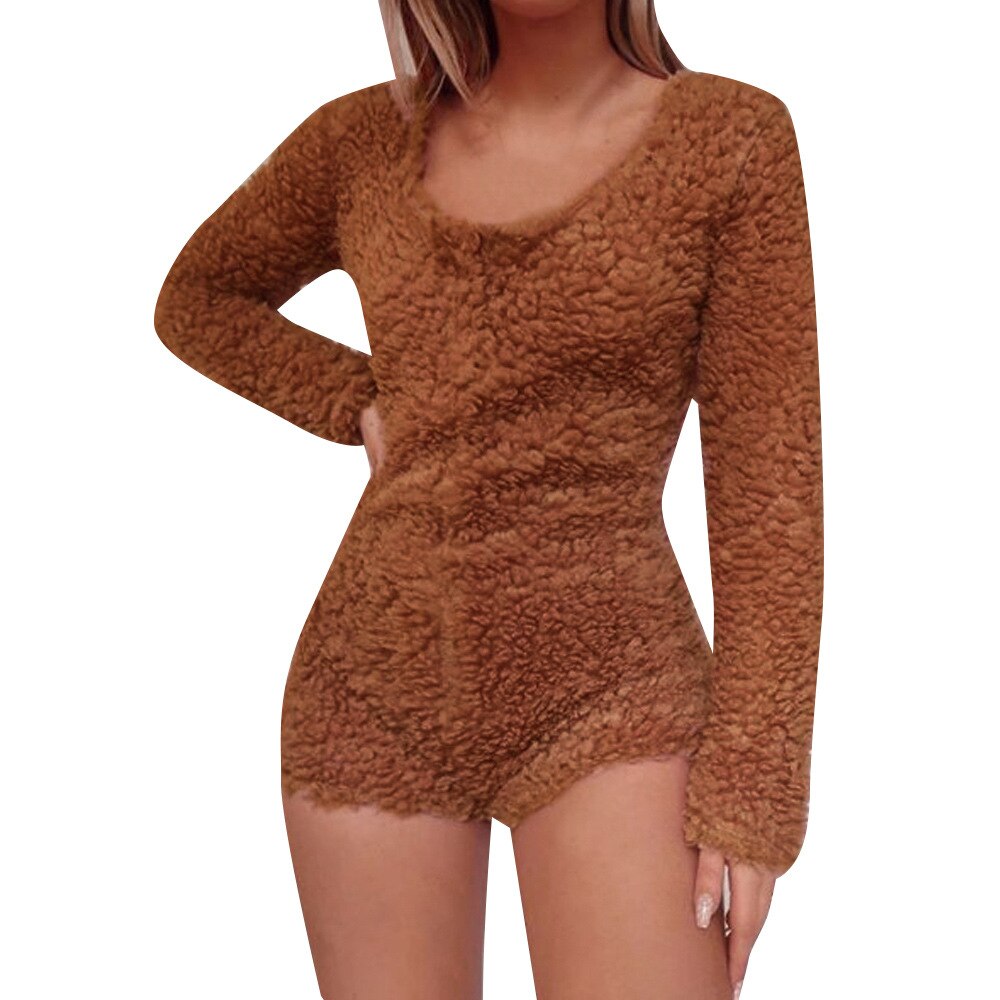 Women's Playsuit Plush Romper Long Sleeve Fluffy Bodycon Ladies Autumn Winter Casual Homewear Short Jumpsuit Overalls: S