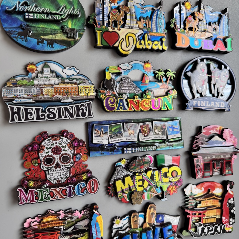 Imanes de nevera, recuerdo turístico, Cancun, México, Dubái, Helsinki, Finlandia, Hakone, Tokio, Japón, Chile, papel de aluminio, pegatinas de decoración de madera