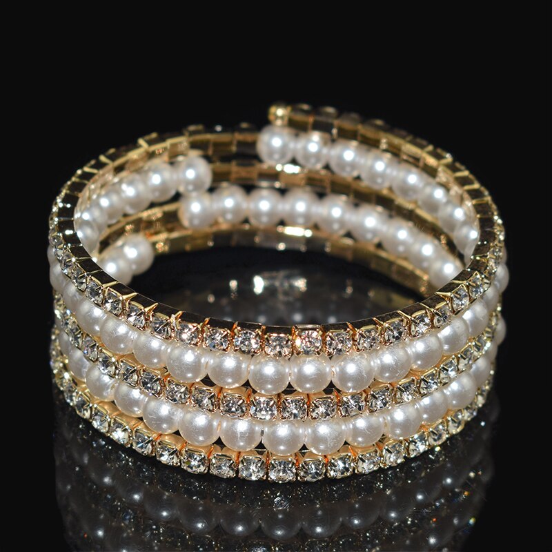Goud Zilver Plated Rhinestone Bangle Armband Crystal Charm Armband Voor Vrouwen Bruiloft Sieraden Armbanden Voor Meisjes: 5row-Golden--A