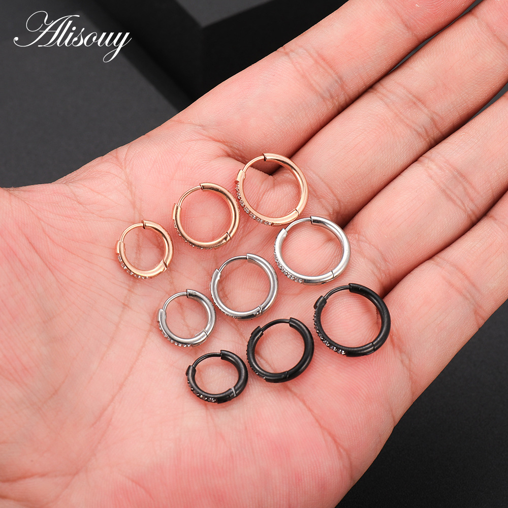 Alisouy 2Pcs Rvs Zirconia Crystal Kleine Ronde Cirkel Clip Huggie Vrouwen Mannen Hoepel Oorbellen Oor Helix Piercing Sieraden