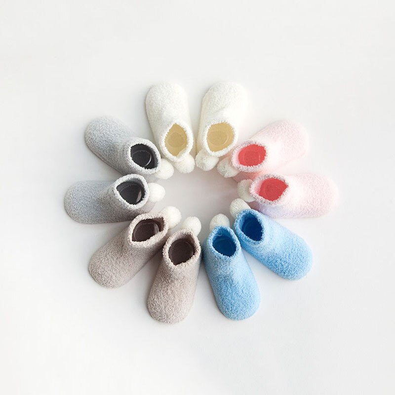 3 paire/lot hiver -né bébé chaussettes corail polaire bébé garçon fille chaussettes avec pompon couleur unie infantile chaussettes