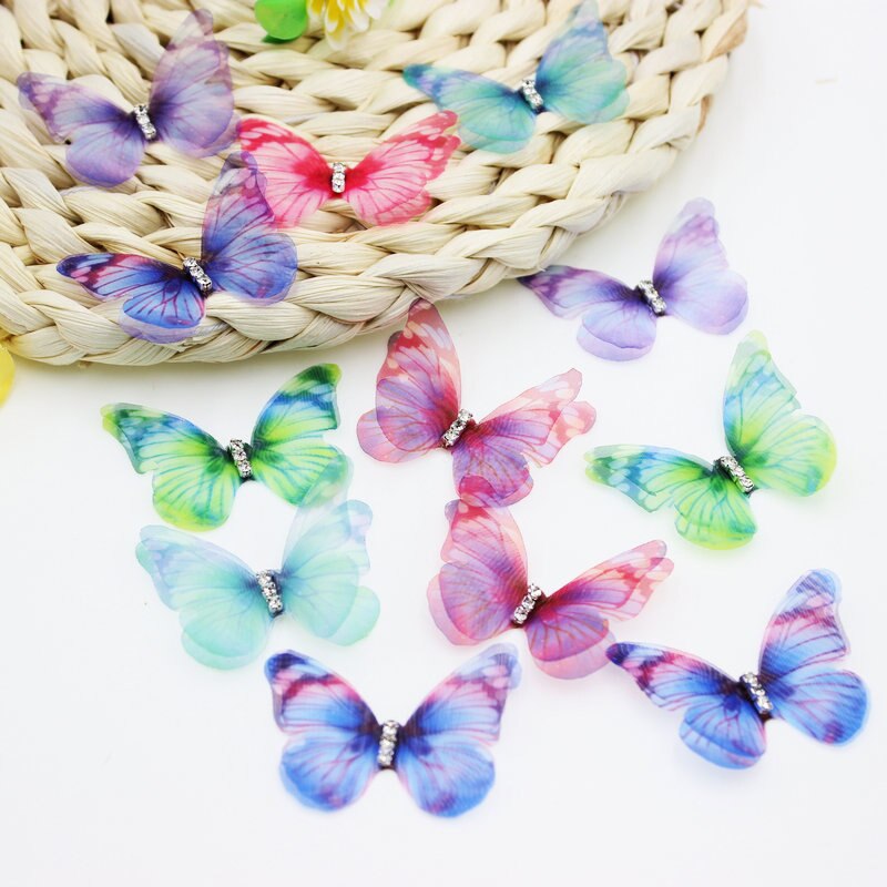 50 pièces de papillon en tissu Organza de couleur dégradée, Appliques de papillon en mousseline translucide de 38Mm pour décoration de fête, embellissement de poupée
