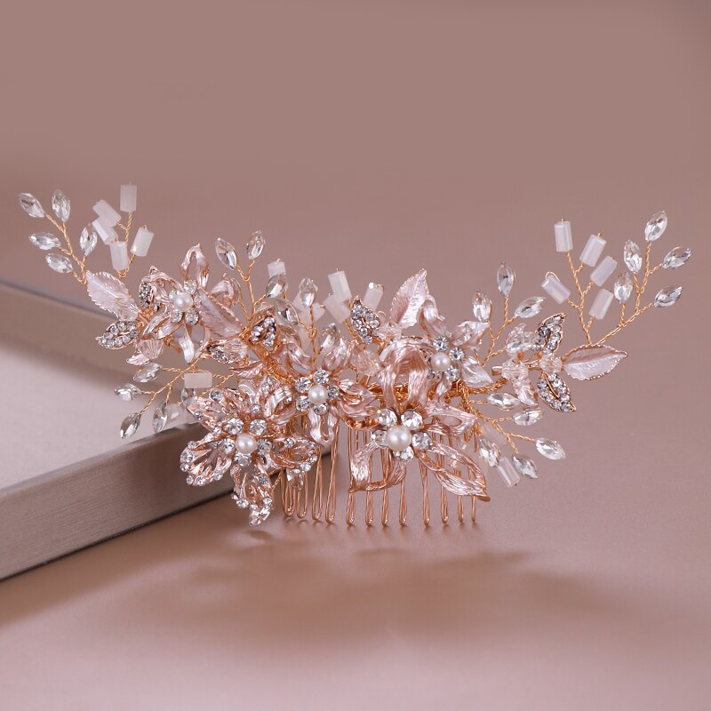 Peines para el pelo de boda con diamantes de imitación en oro rosa a la , accesorios para el pelo para novia, tocado de cristal, adornos para el pelo, joyería para el pelo de boda