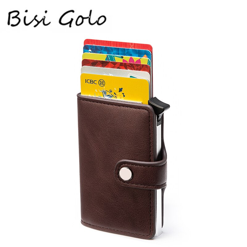 BISI GORO Smart Wallet Card Case Metal RFID Anti Theft Brush Aluminum Box Card Holder Men and Women PU Leather Casual Purse