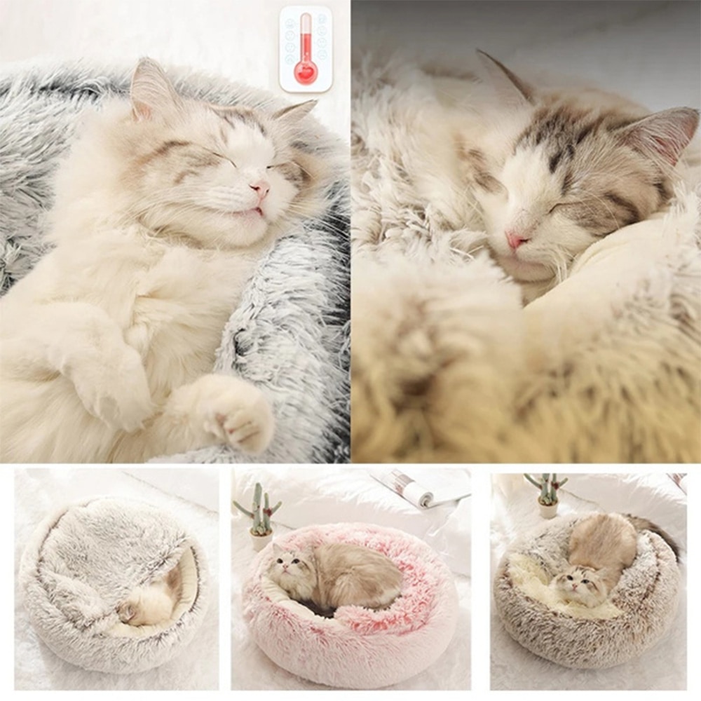 Gato cama cueva con capucha Donut acogedor suave cama de peluche para perro auto calentamiento Cuddler cama nido para pequeño mediano de perros, gatos, cachorros.