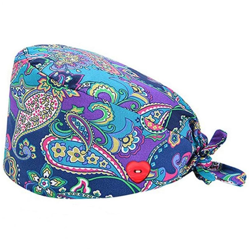 Women Ethnic Paisley Buttons Scrub Cap wtih Hair Ties Work Bouffant Hat F3MD: 2