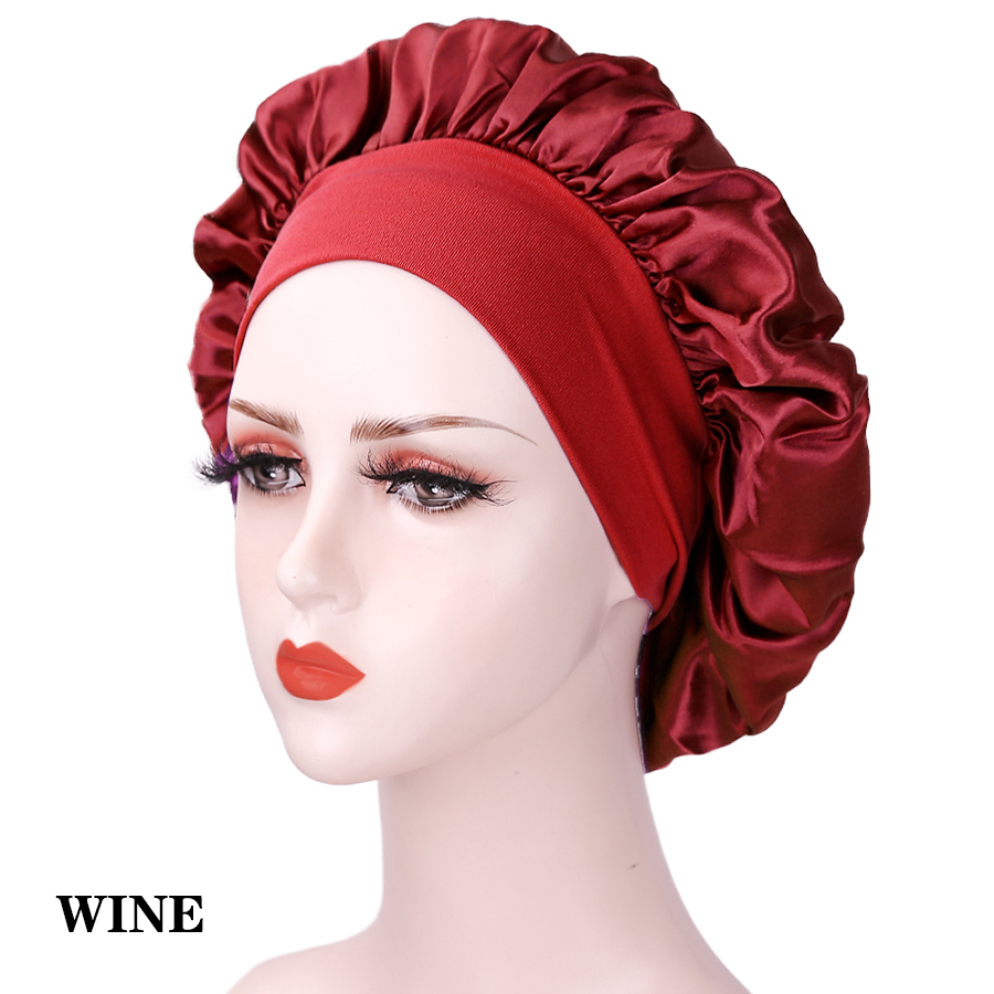 Wide Elastic Band Women Satin Night Sleep Cap Hair Bonnet Hat Silk Head Cover Women&#39;s Satin Solid Sleeping Hat Night Sleep Cap: WINE