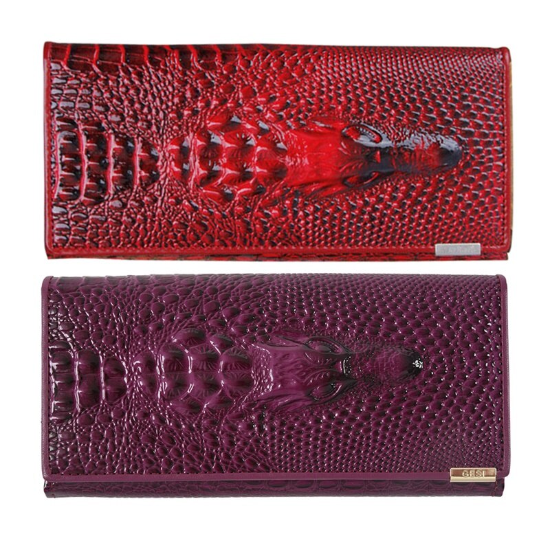 2x dames clutch portemonnees van lakleer met 3d reliëf alligatorprint en krokodillenprint (donkerrood en paars)