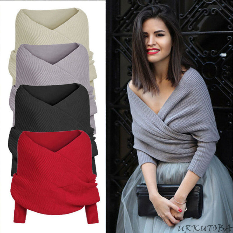 Høst gensere kvinner off shoulder cross wrap genser skjorte slash hals kort tee topp genser strikketøy