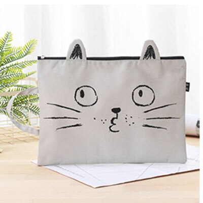 EZONE A4 Canvas File Bag File Folder Cute Cat Document Bag Paper Storage Bag Students Stationery Office School Supply: Gray