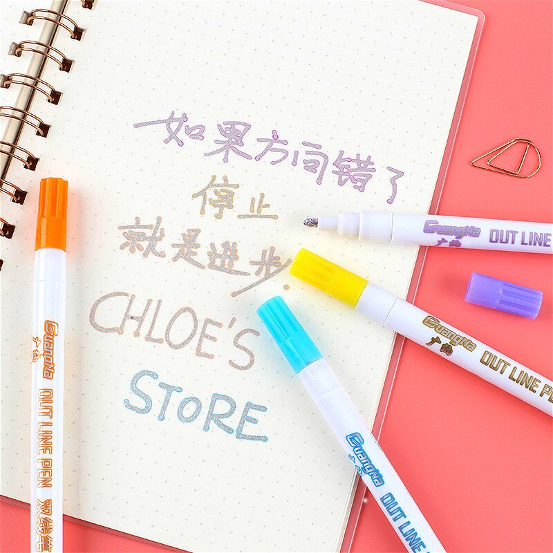 LLD 12Colors Metallic Double Lines Highlighter Out Line Pen Stationery Art Drawing Art Marker Calligraphy Lettering Scrapbooking