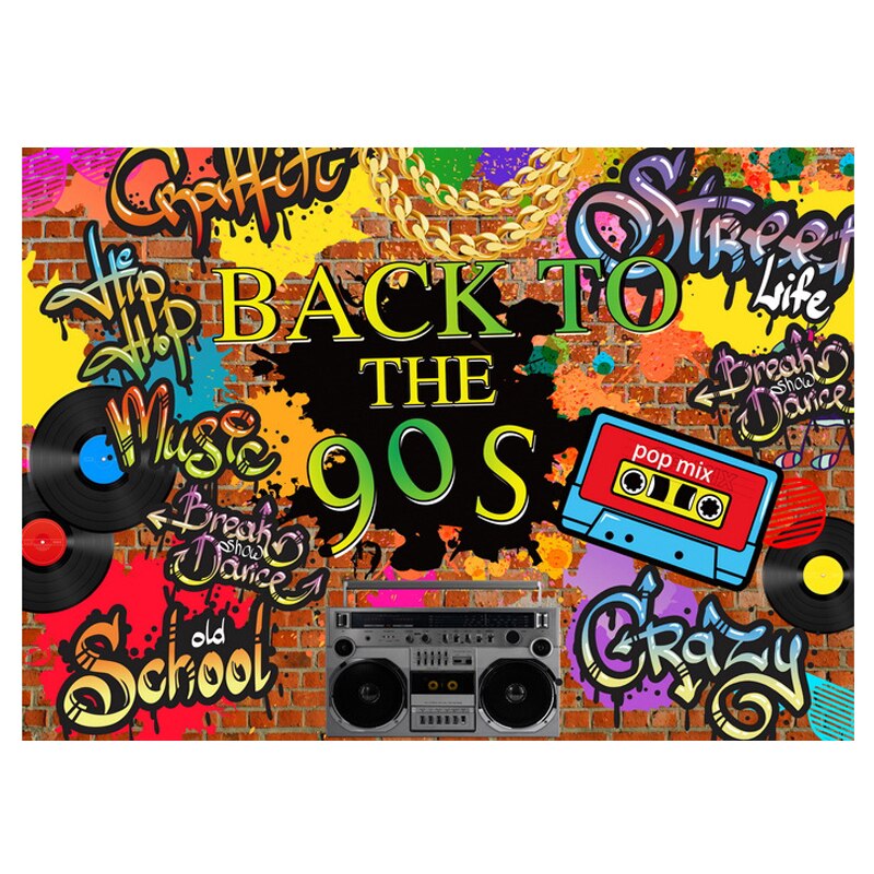 90’S Backdrop Hip Hop Graffiti Brick Wall Retro Radio Photography Background Back to The 90’S Themed Party Banner Decor