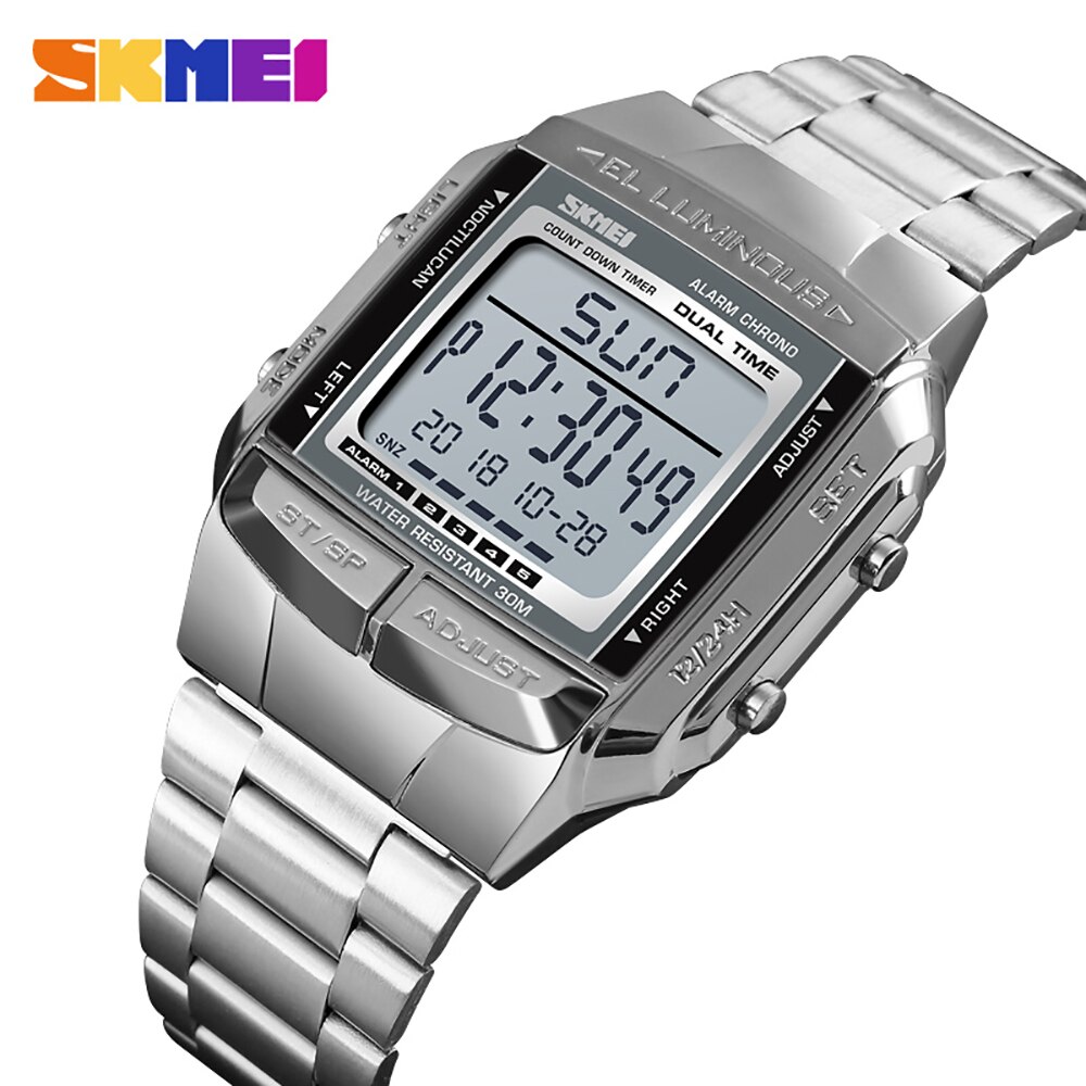 SKMEI1381Männer Analog Digital Uhr Sport Armbanduhr 2 Lässige Zeit 5 Alarm 3ATM Wasserdichte Edelstahl Armbinde Hintergrundbeleuchtung: Silber-