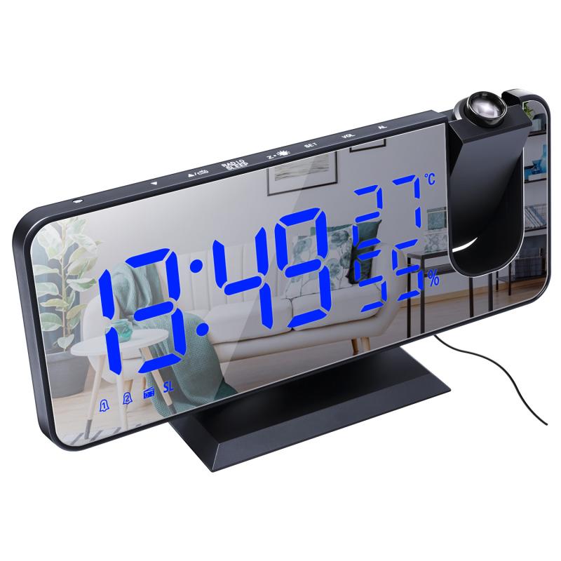 Led Digitale Projectie Wekker Met Temperatuur En Vochtigheid Fm Radio Spiegel Klok Snooze Dimmer Plafond Projector Klok
