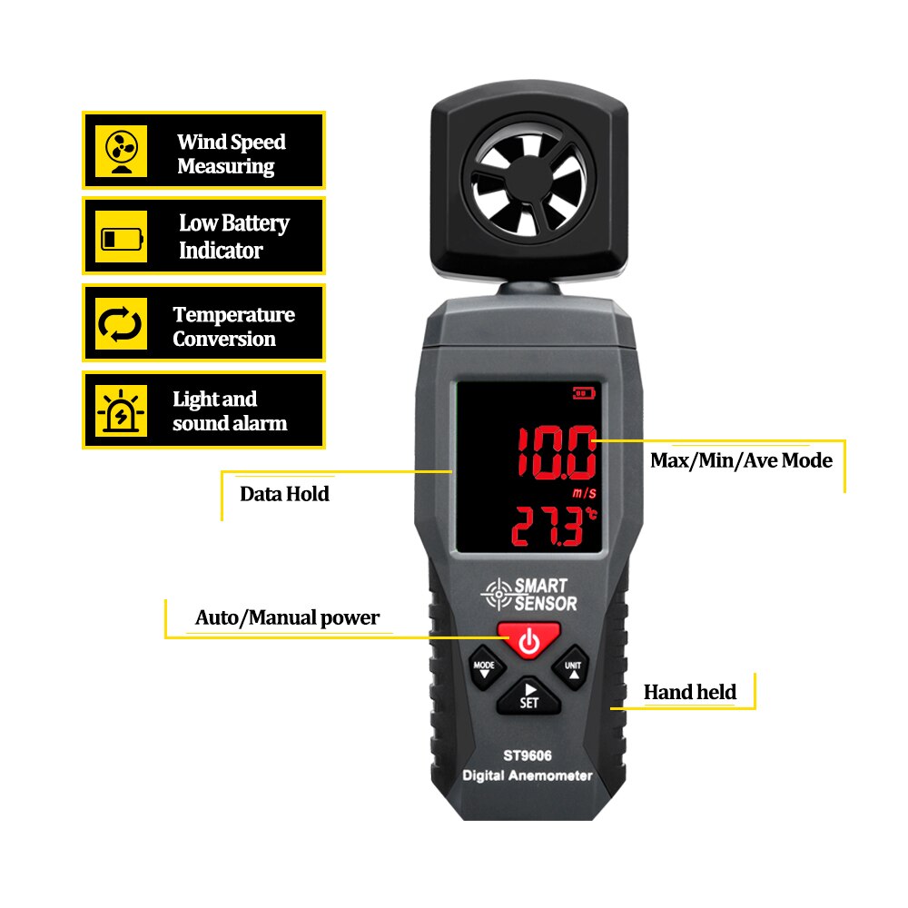 Digitale Draagbare Lcd Anemometer Thermometer Windsnelheid Meten Meter Luchtsnelheid Gauge 4 Bereik Hoge Lage Alarm ST9606