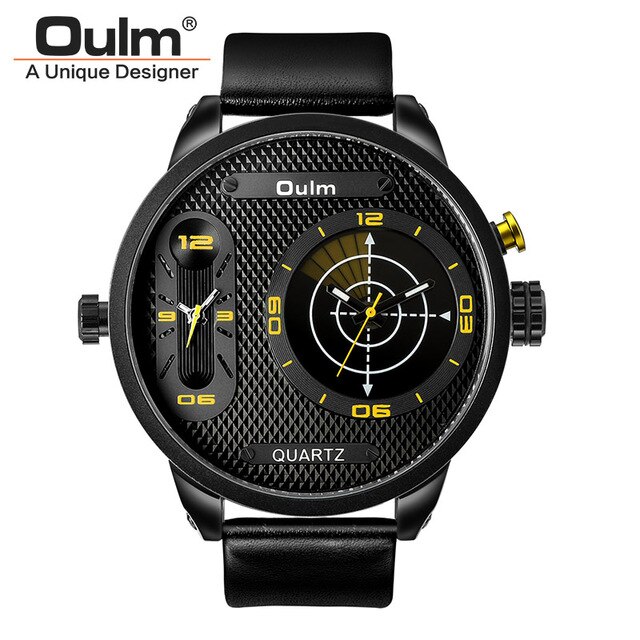 Oulm 3221B Grote Wijzerplaat Mannen Sport Horloges Luxe Mannelijke Quartz Klok Twee Tijdzone Lederen Band Horloge: YELLOW