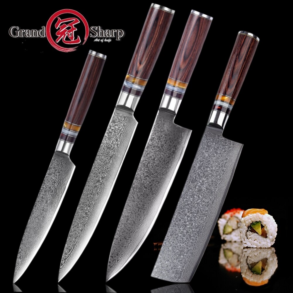 Grandsharp Damasco cuchillos de cocina 4 Uds Chef cuchillo Nakiri de corte de herramientas de cocina casera VG10 japonés de acero inoxidable