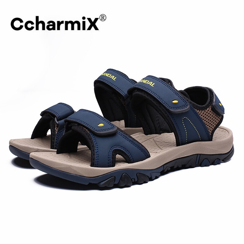 Mænd sandaler læder sommer udendørs herre fritidssko walking sandaler strand blød gummi herresko store størrelser fodtøj: Blå / 12
