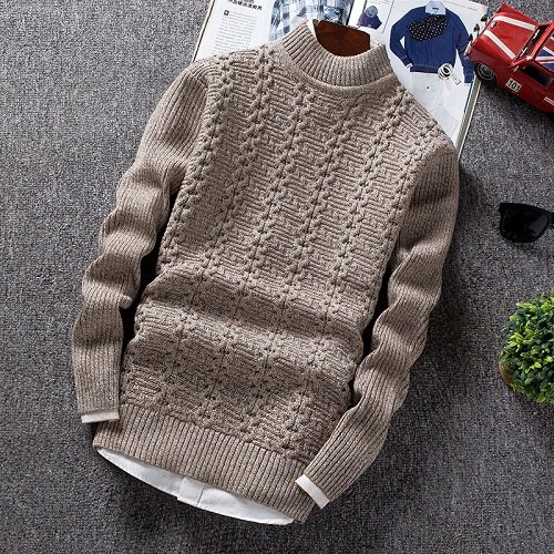 Winter Men's Sweater Male Slim Fit Knitted Pullovers Solid Color Casual Thick Warm Mens Christmas Sweaters Knitwear: Khaki / M